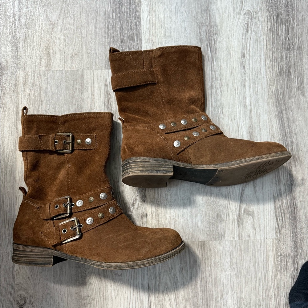 Crown Vintage Brown Suede Moto Boots with Buckles